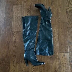 BCBGeneration Women's Black Leather Thigh High Boots Heeled Zip Side